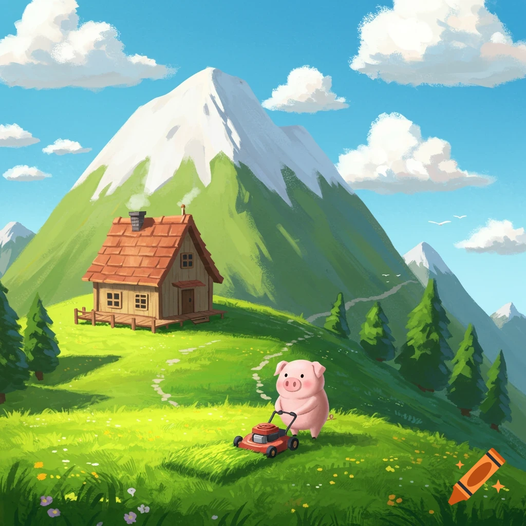 A cartoon pig mows grass in front of a cabin with mountains in the background.
