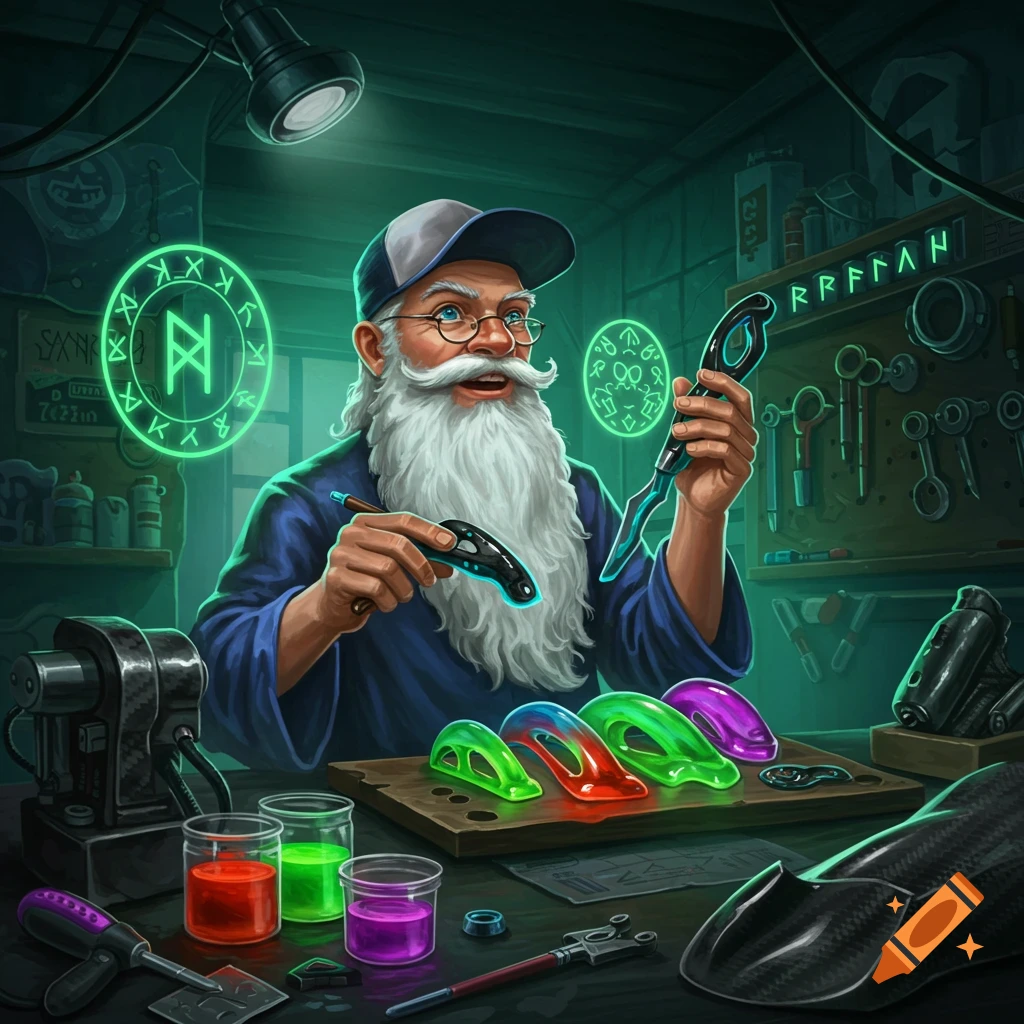 A wizard in a workshop making colorful car parts.