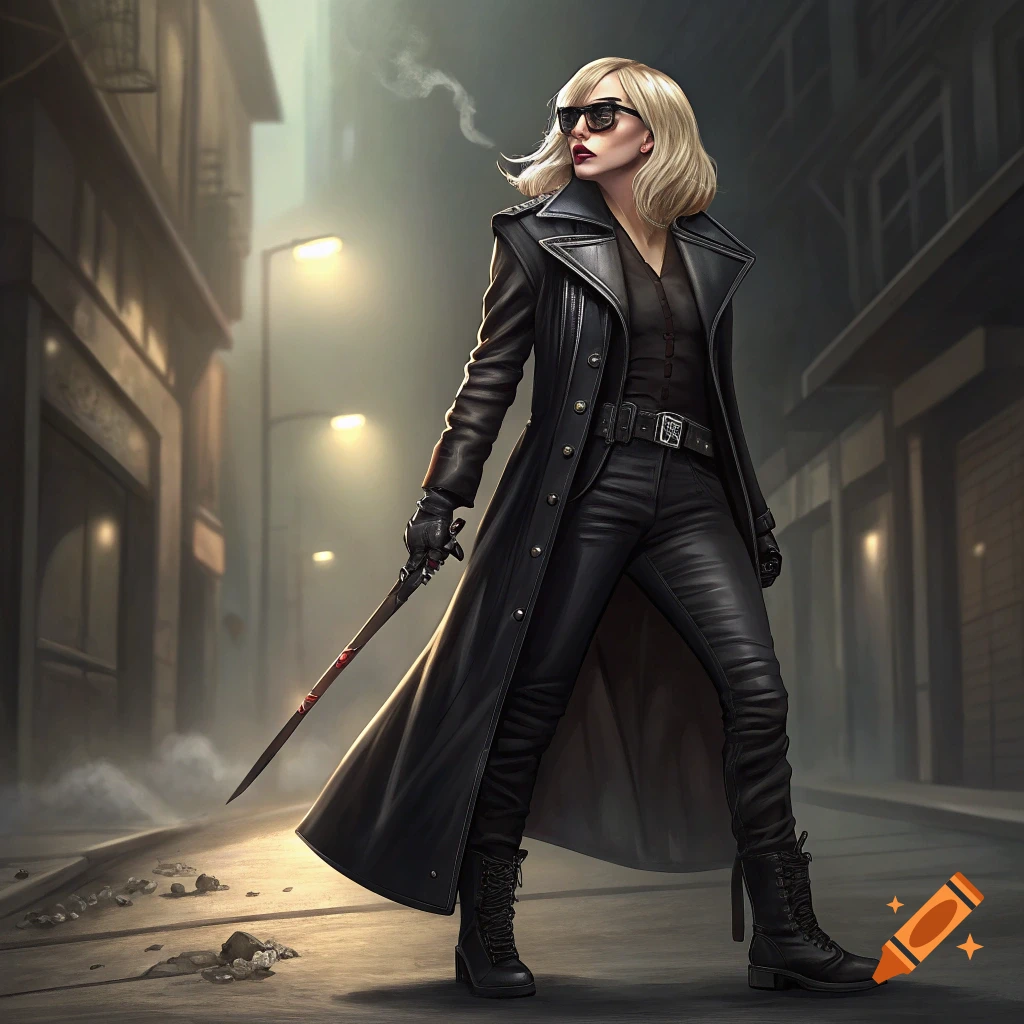A person in a black leather coat and sunglasses holds a sword in an alley.