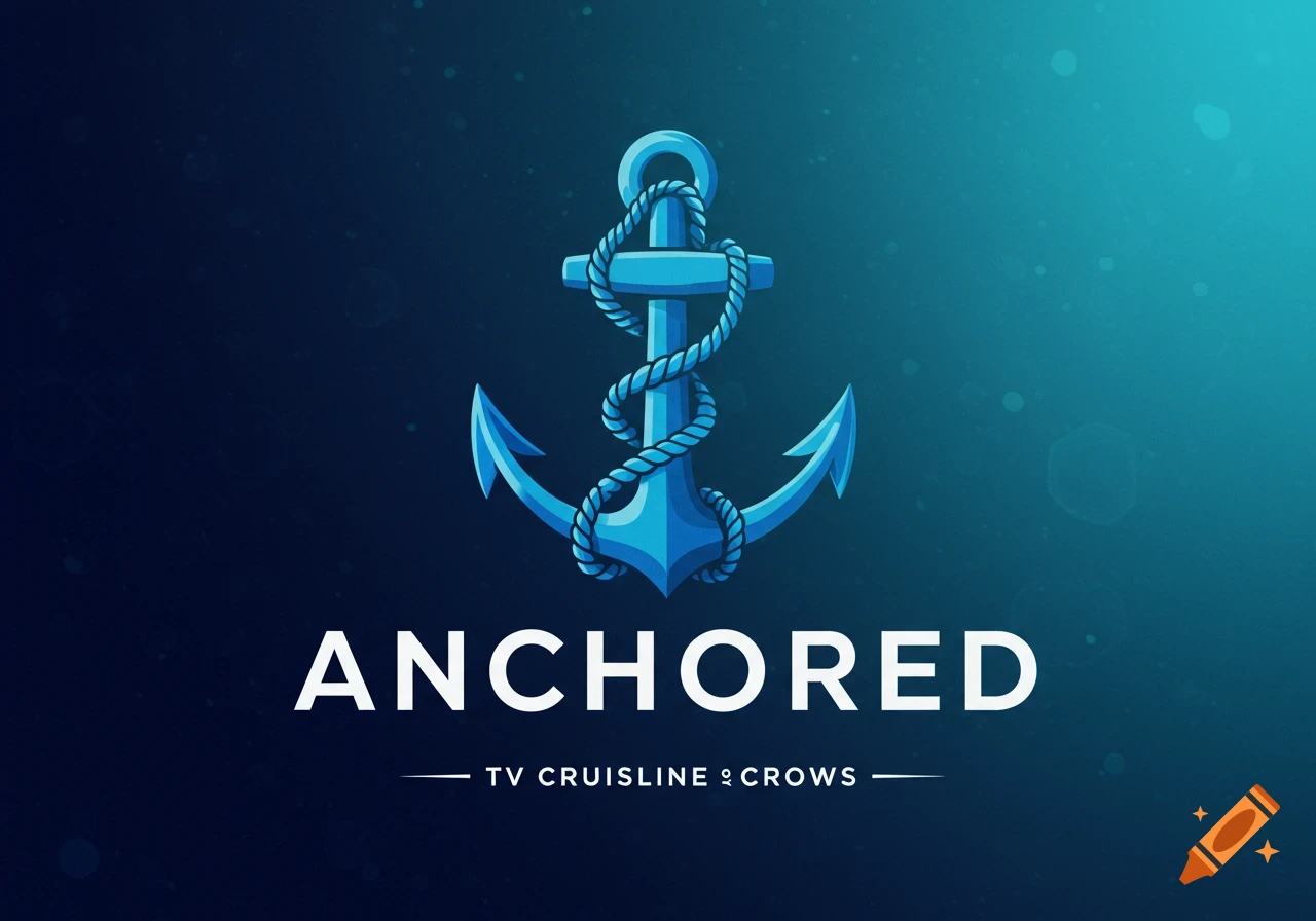 Blue anchor with rope and 'ANCHORED' text on a blue background. Logo style.