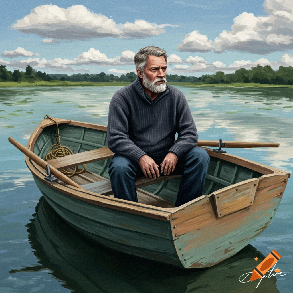 An older man sits in a boat on a lake.