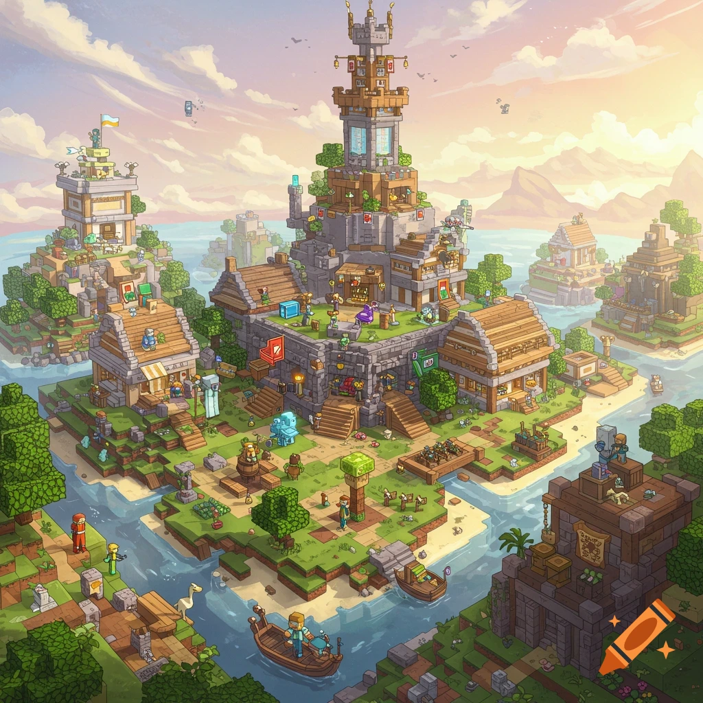 A detailed scene of a bustling voxel island village with buildings, people, and boats.