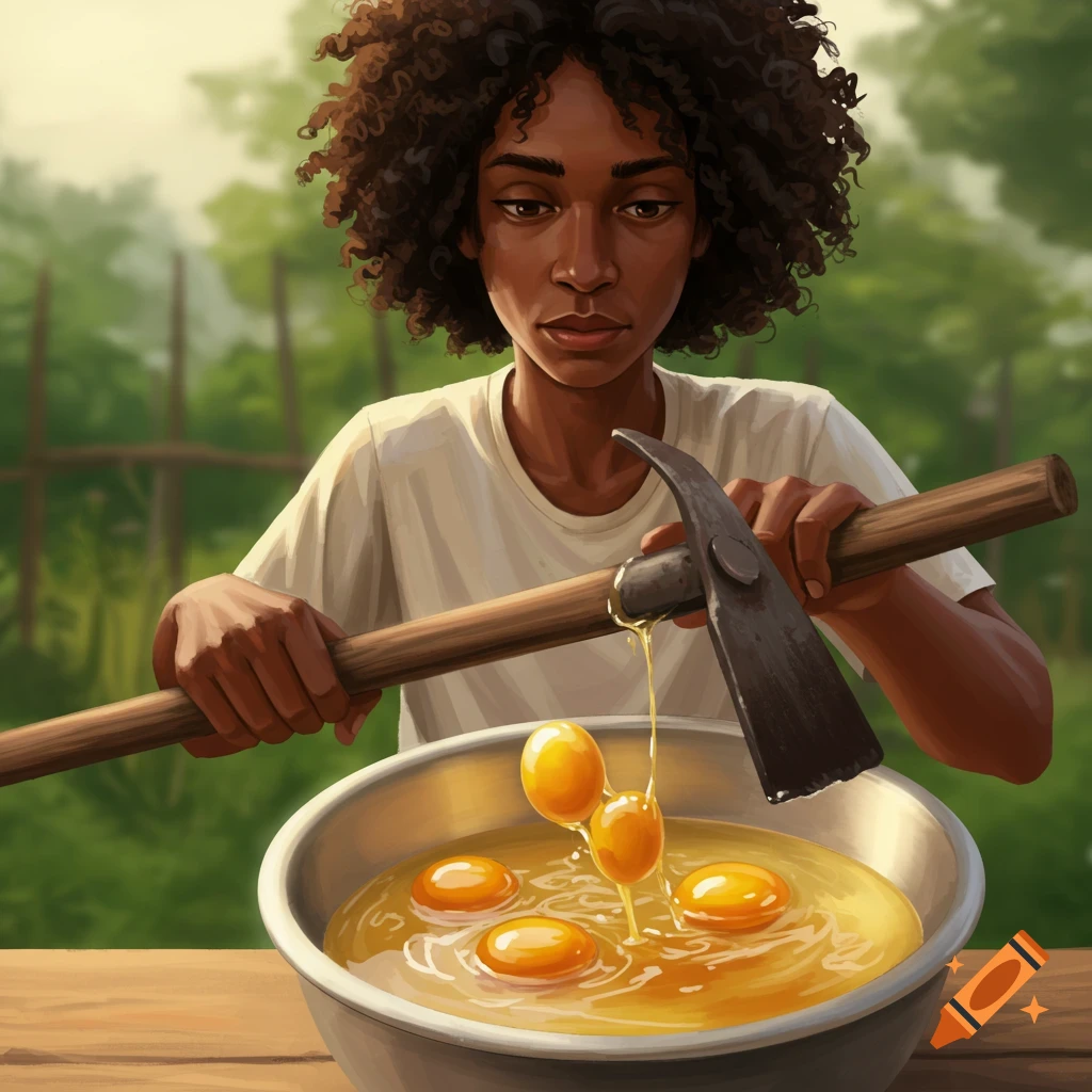 A woman stirs eggs in a bowl with a pickaxe in a rural setting.
