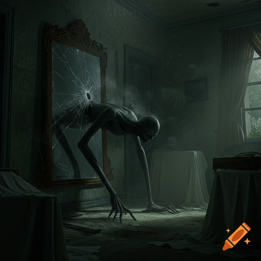 A skeletal creature with long limbs crawls out of a shattered mirror in a dark, dusty room.