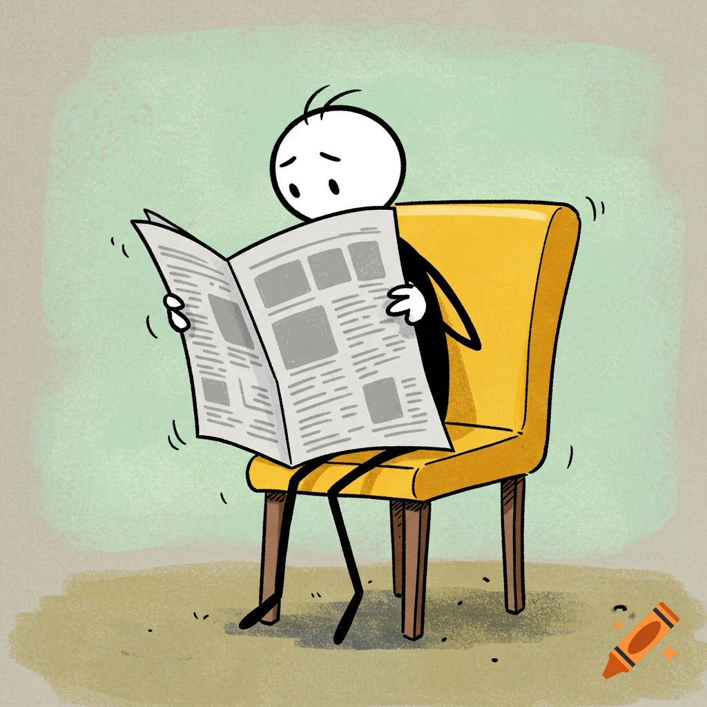 A sad stick figure sits on a yellow chair reading a newspaper.
