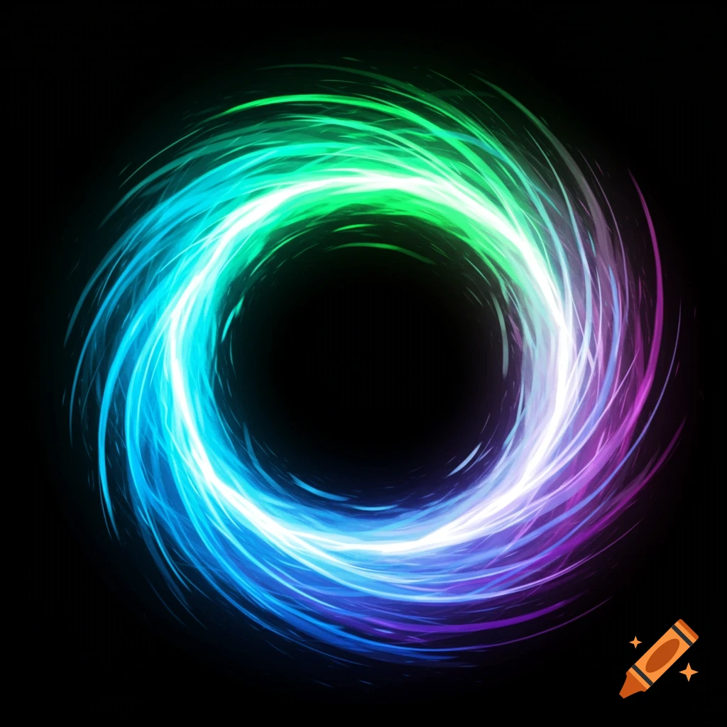Abstract swirling vortex of blue, green, white, and purple light on black.