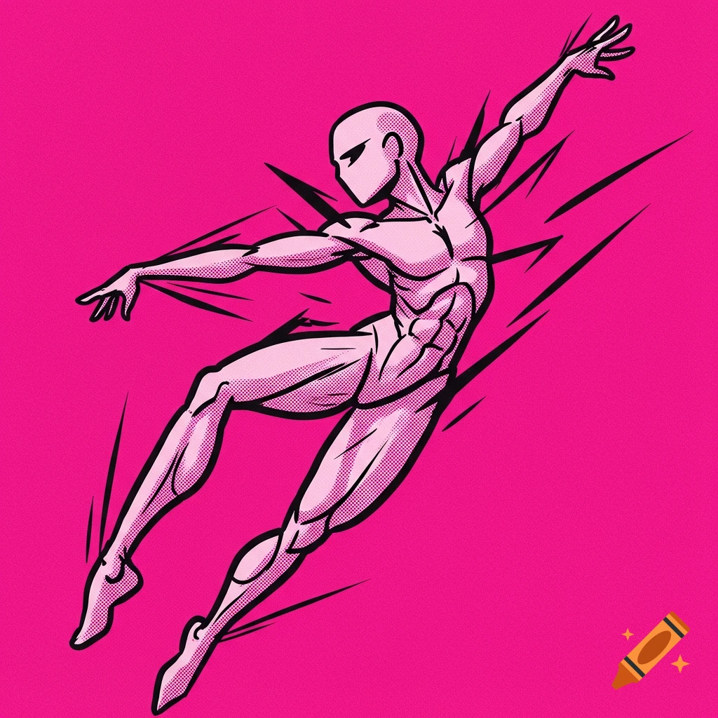 Stylized figure in dynamic pose against pink background, pop art style