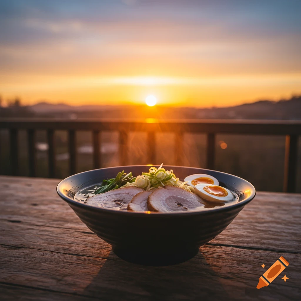 A bowl of ramen on a wooden table with a sunrise over mountains in the background.