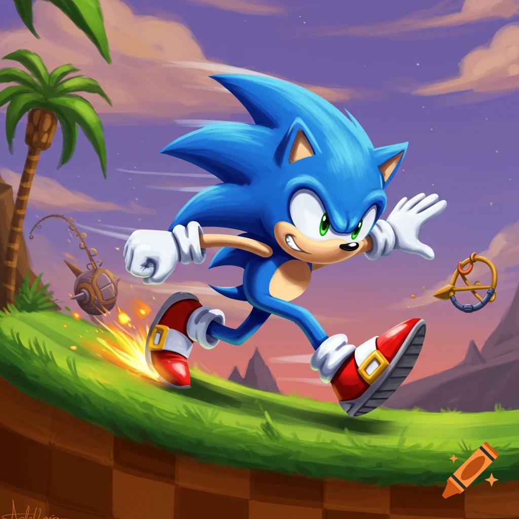Sonic the Hedgehog runs fast across a green hill with sparks flying.