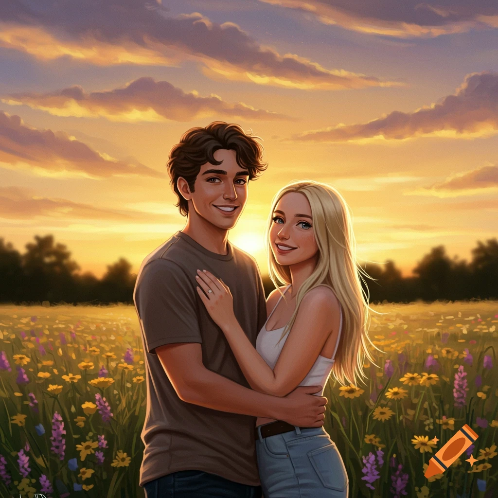 A smiling couple in a field of wildflowers at sunset.