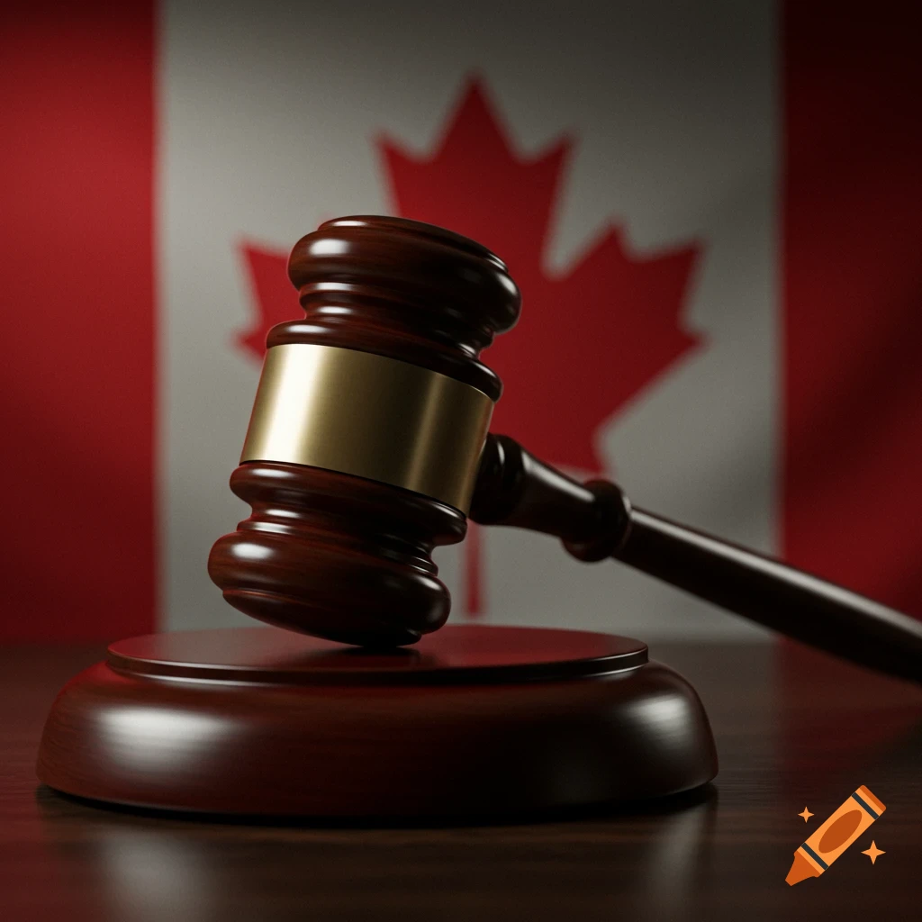 A gavel and sound block sit on a table in front of a blurred Canadian flag.