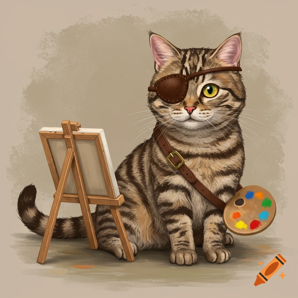A tabby cat with an eyepatch and a paint palette sits by an easel.