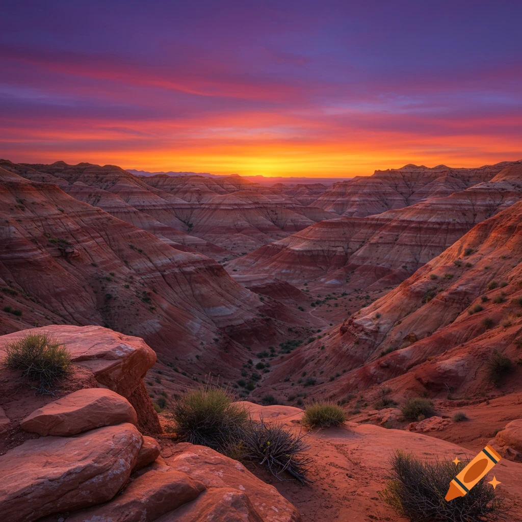 A colorful badlands canyon landscape at sunset.