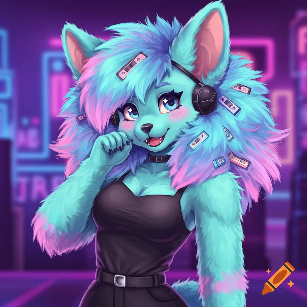 A blue furry anthro character with pink hair highlights and cassette tapes, wearing headphones in a neon city.