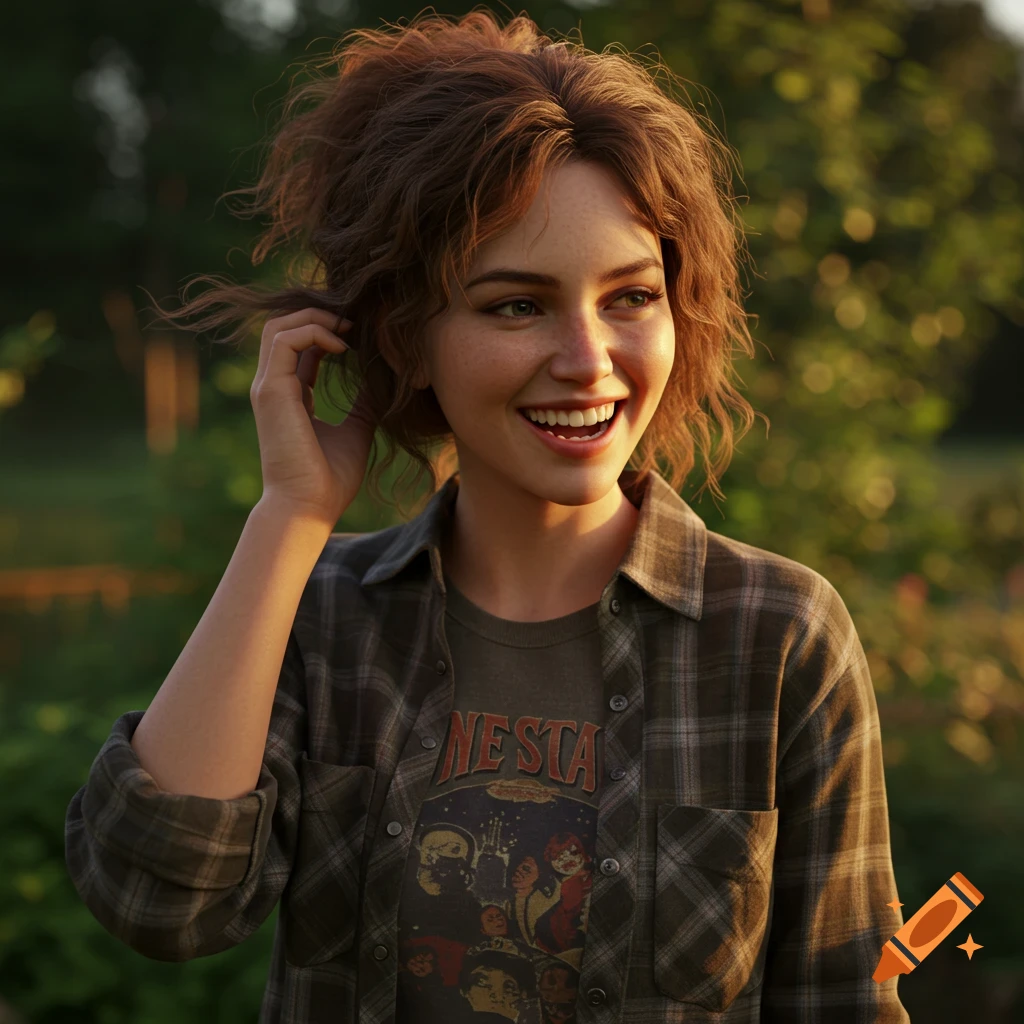 Hyper-realistic portrait of a young woman smiling outdoors in golden light, wearing a plaid shirt over a band tee