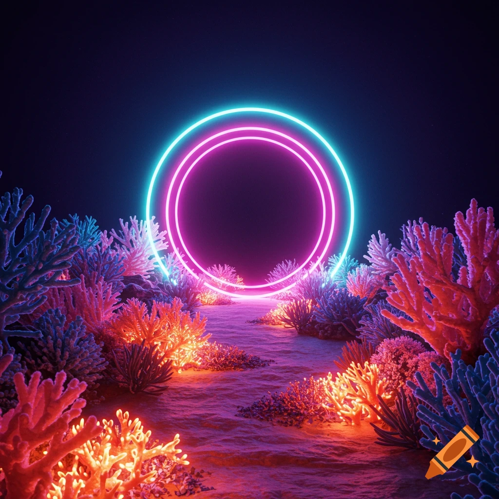 A glowing path through colorful coral leading to a circular neon portal.