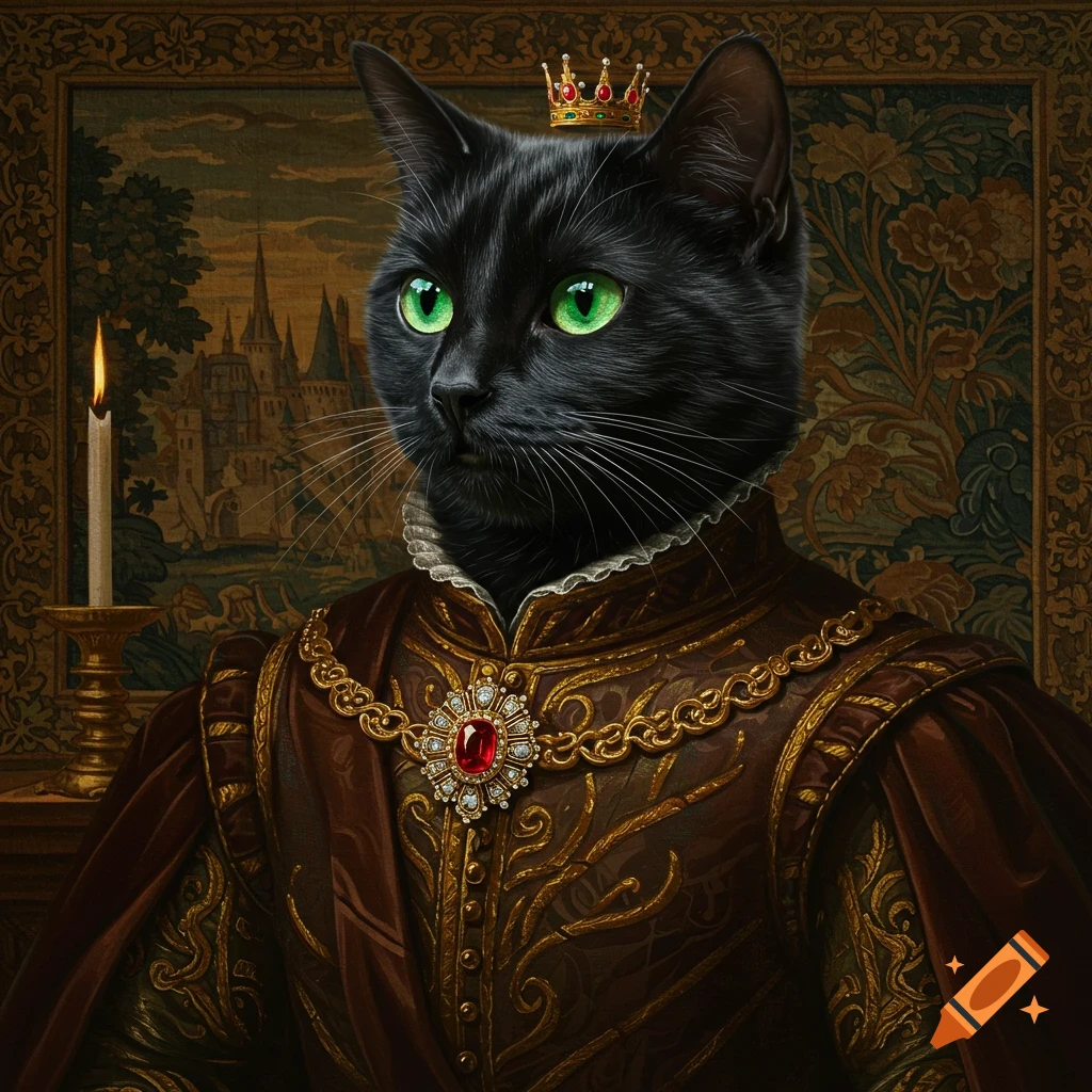 A black cat wearing a crown and historical royal clothes is seated before a tapestry.
