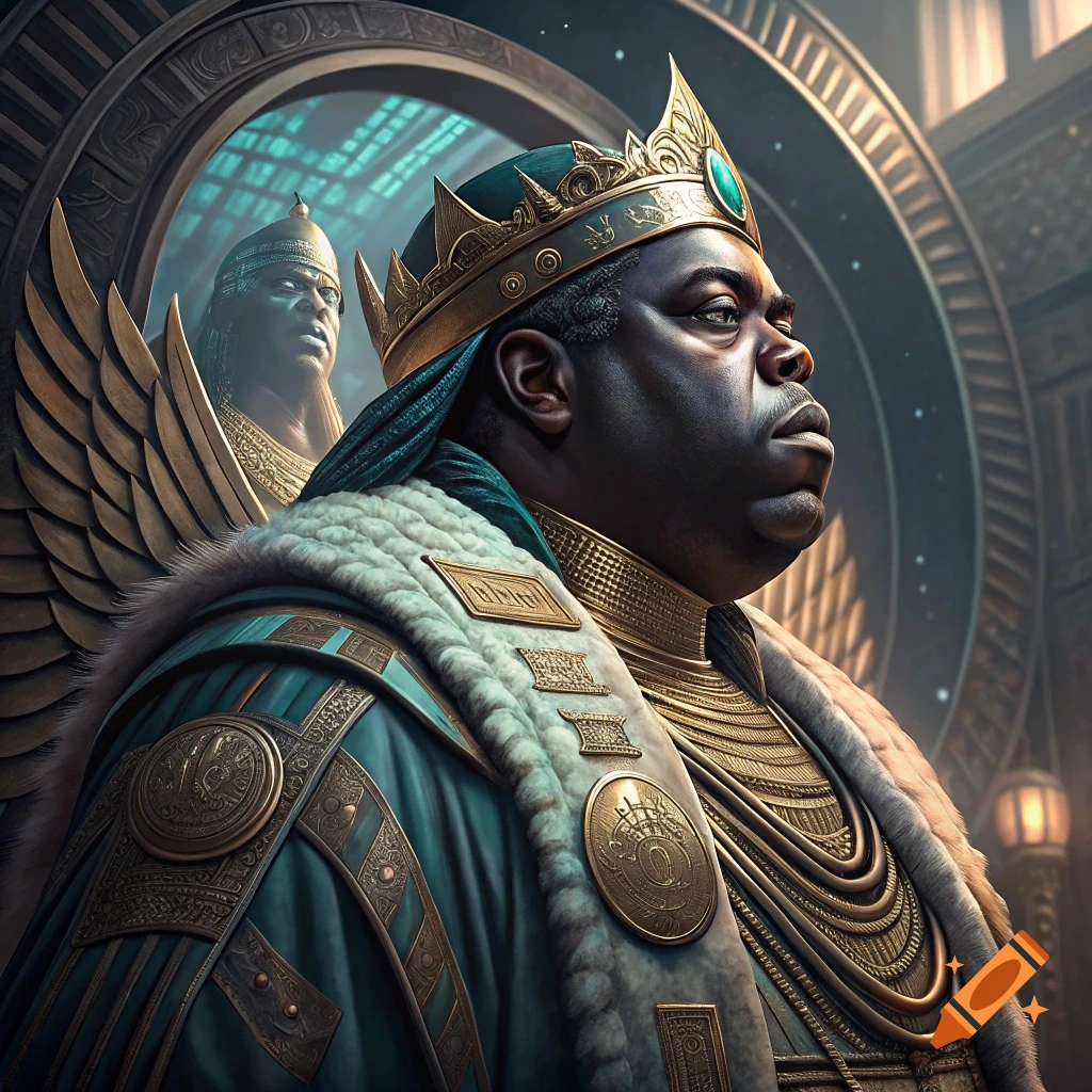 Portrait of a king-like figure in gold and teal robe, crown, and winged shoulders, against an architectural background.