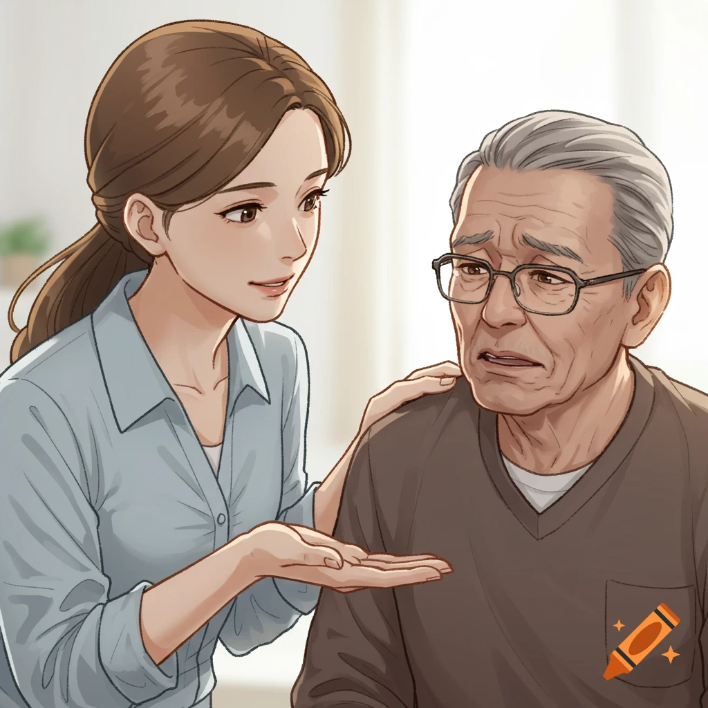 Illustration of a younger woman comforting or asking an older man if he is okay.