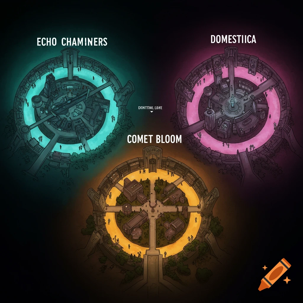 An illustrated map showing three circular fantasy-themed areas in teal, pink, and yellow with labels.