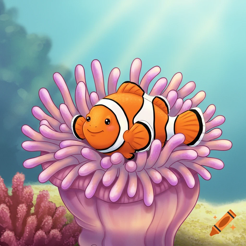 A cute cartoon clownfish smiles while nestled in a pink and purple sea anemone underwater.