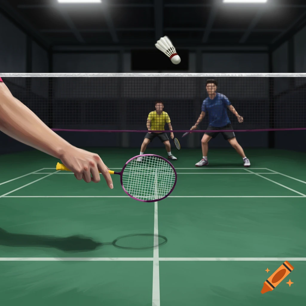A view from a badminton player's perspective during a match, showing opponents and a shuttlecock over the net.