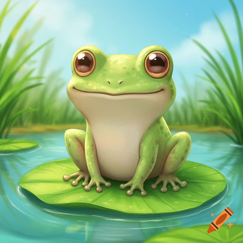 A cute green frog sits on a lily pad in a pond.