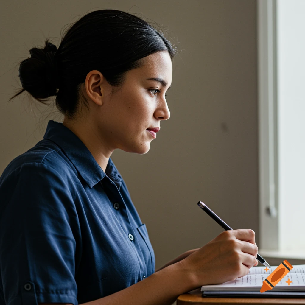 A woman writes in a notebook with a pen.