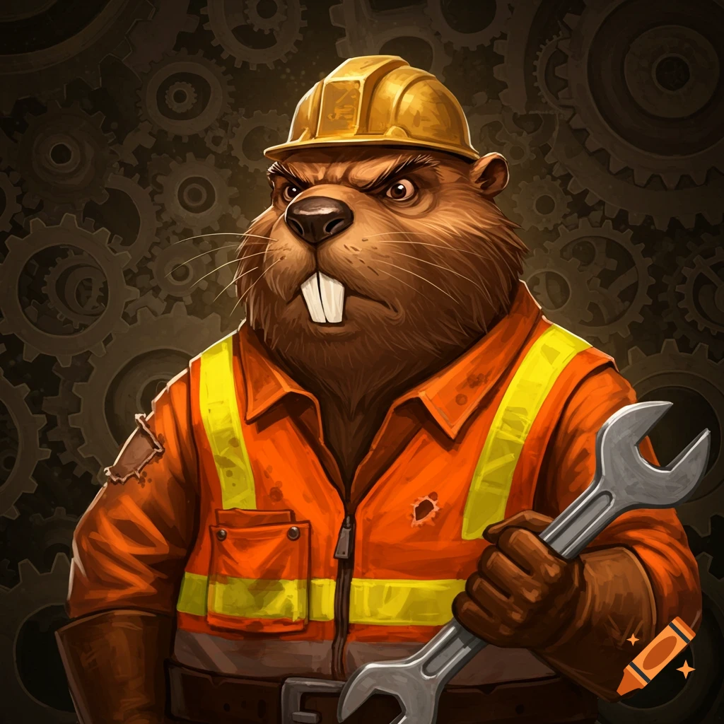 An angry beaver engineer wearing a hard hat and holding a wrench.