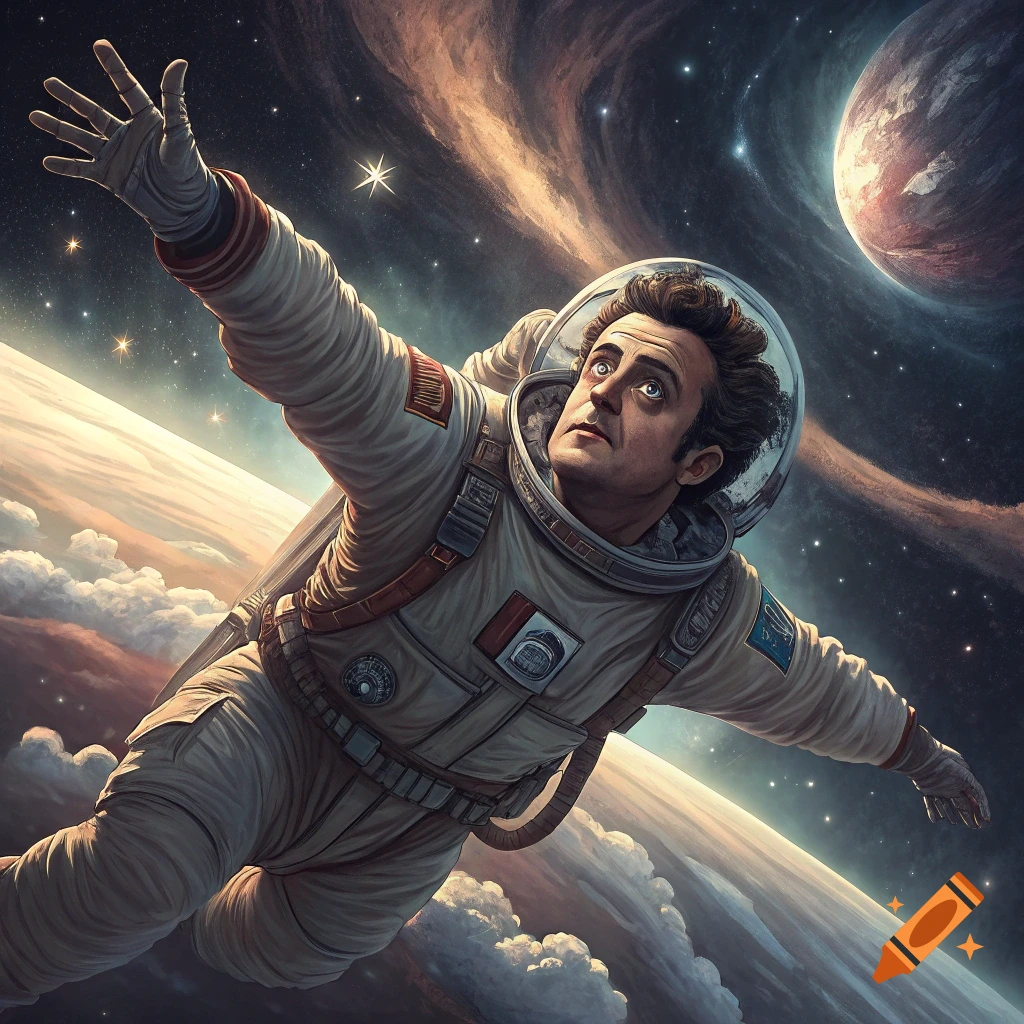 An astronaut flies through space above a planet, reaching out a hand.