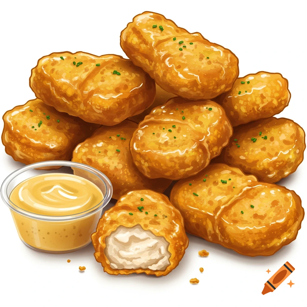 A pile of chicken nuggets with dipping sauce.