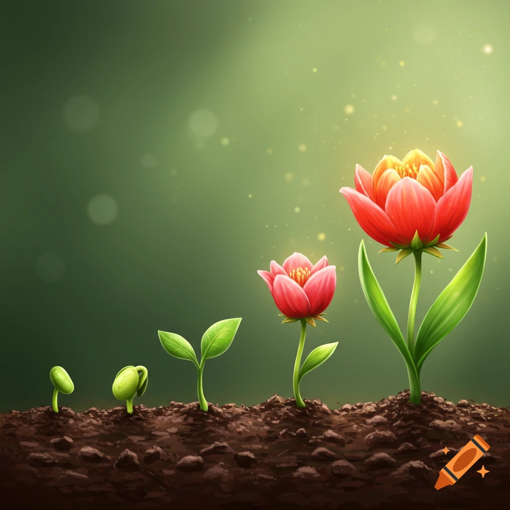 The image illustrates the four stages of a plant growing from a seed sprout to a full red and yellow flower.