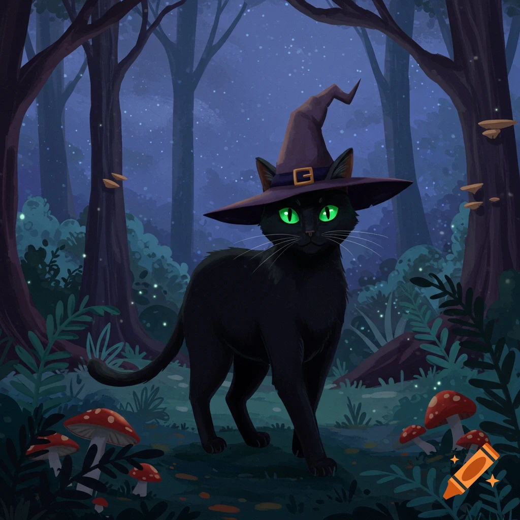A black cat wearing a witch hat walks through a dark forest, surrounded by glowing mushrooms and fireflies.