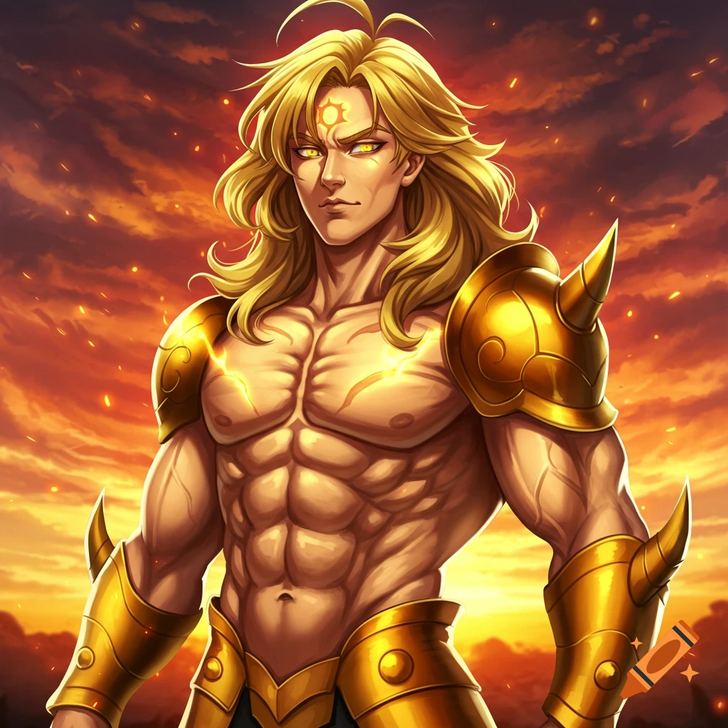 Muscular man with blonde hair and golden armor against a sunset