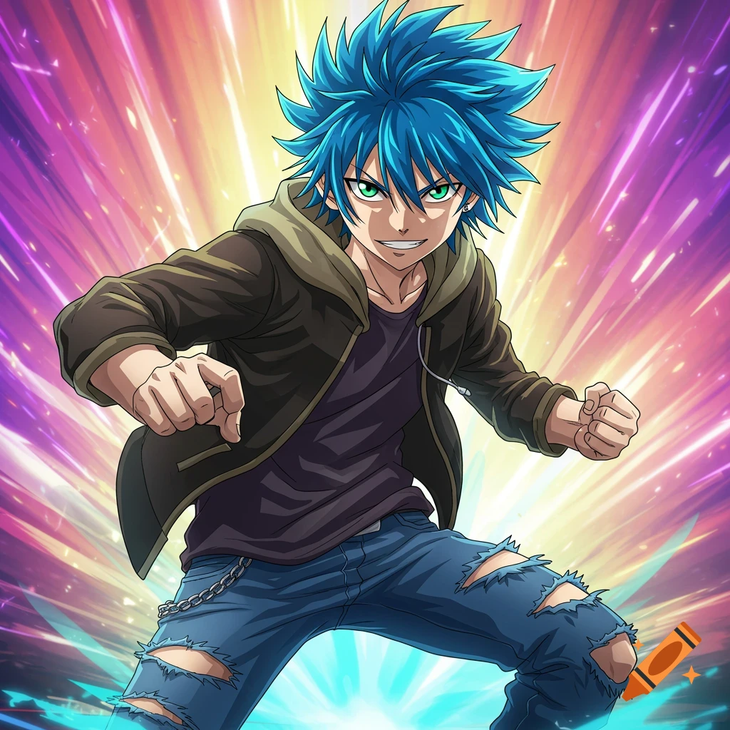 Anime illustration of a young man with blue hair in a dynamic pose with a glowing background.