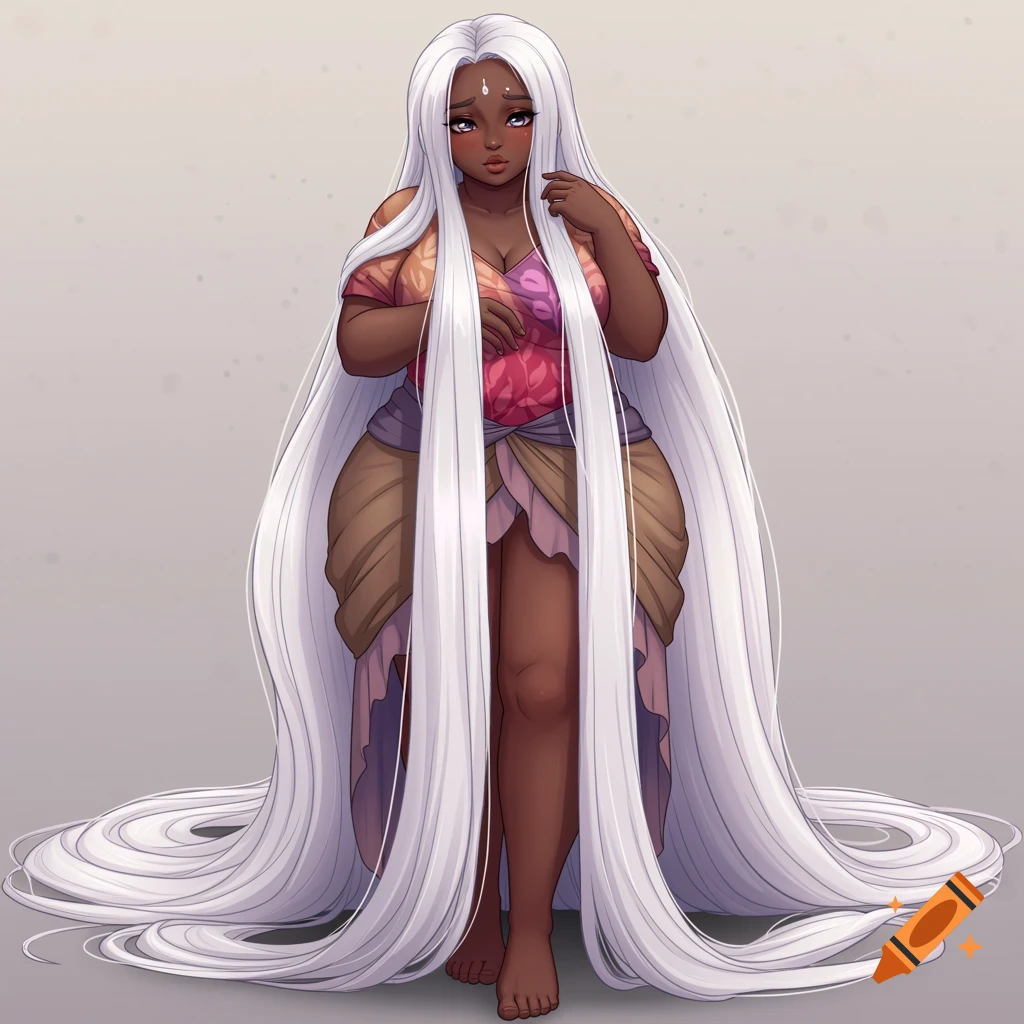 Anime illustration of a plus-size Black woman with very long white hair, wearing a colorful top and skirt.