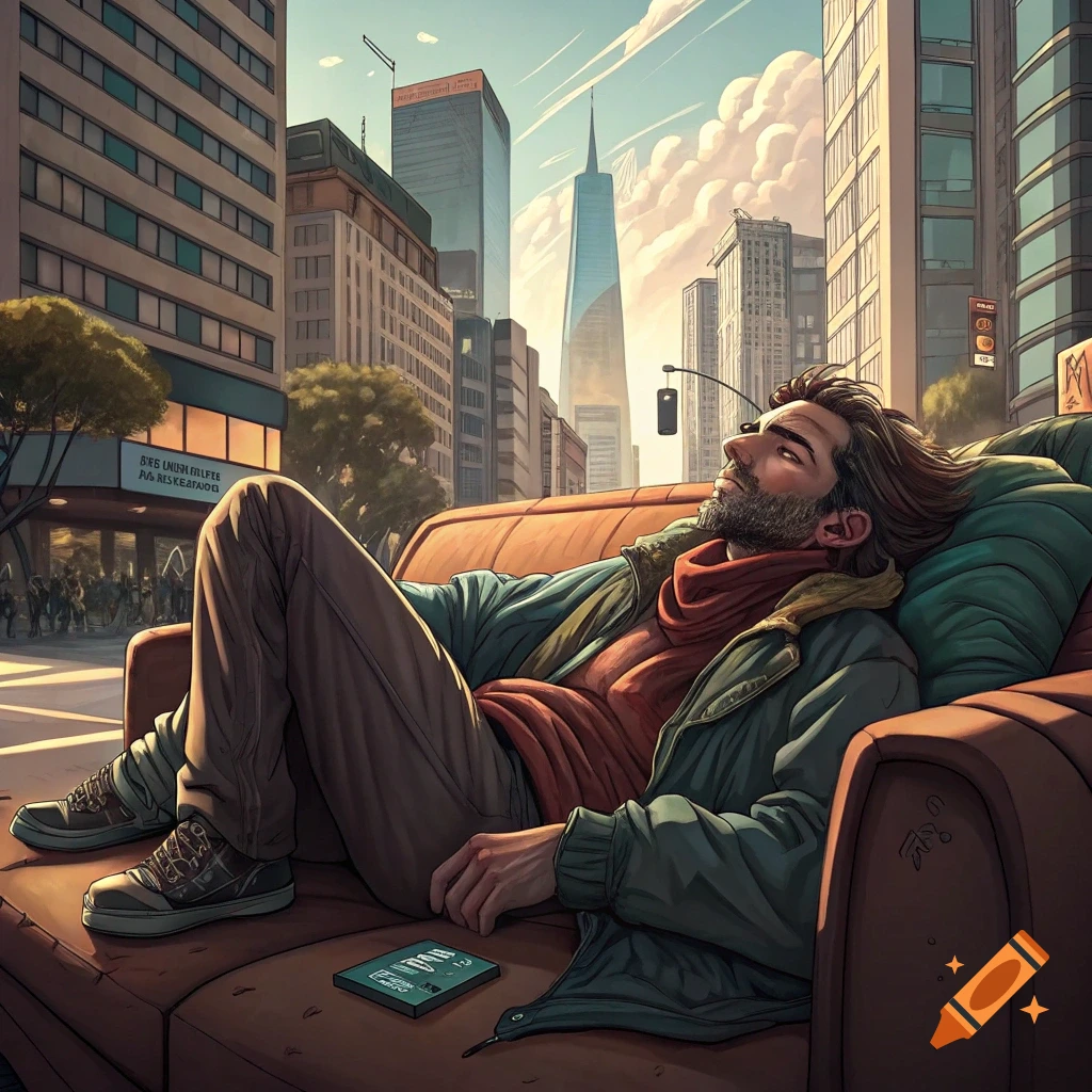 Man sleeps on an orange couch in a city street with tall buildings.