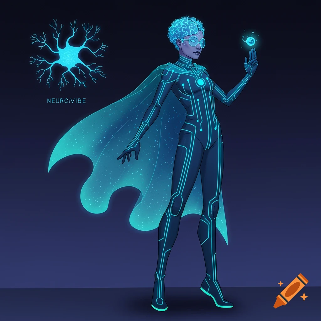 A sci-fi illustration of a character in a circuit-patterned suit and cape, holding a glowing orb. A neuron graphic is included.