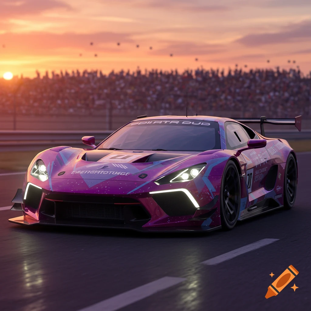A purple and pink race car on a track at sunset