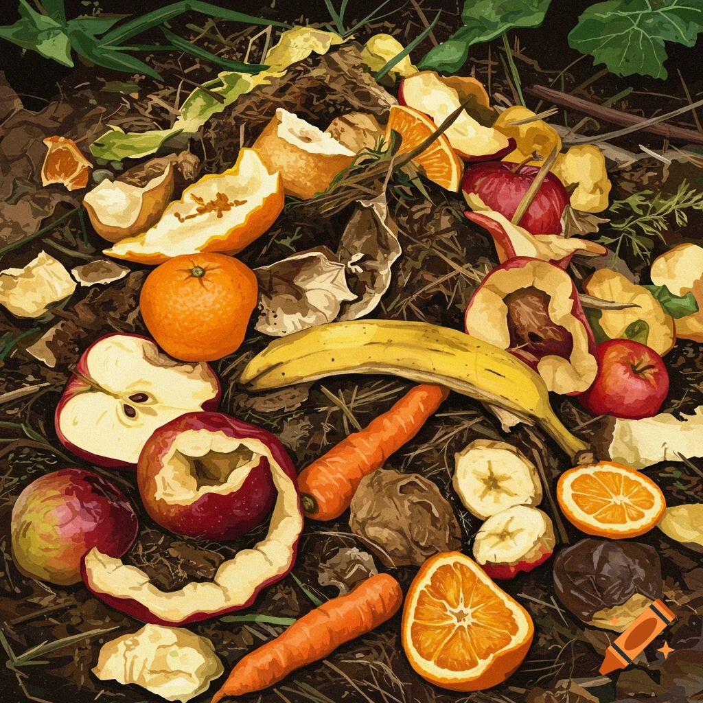 Fruit and vegetable scraps are arranged on soil, resembling a compost pile.
