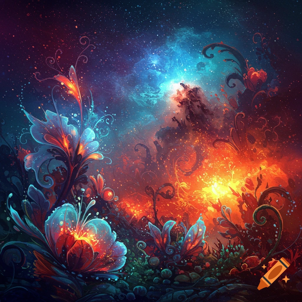 A vibrant abstract image of fantasy flora against a cosmic background.