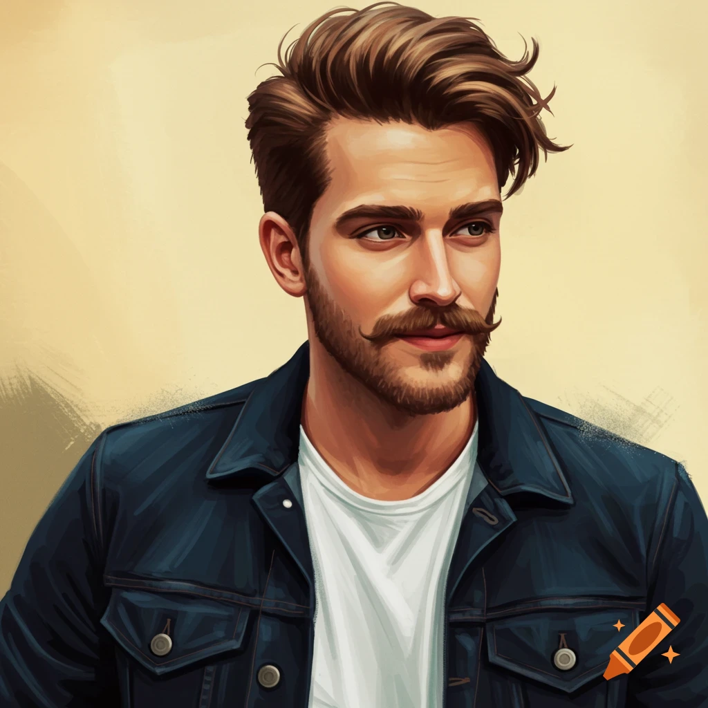 Image of a man with a mustache and beard wearing a denim jacket