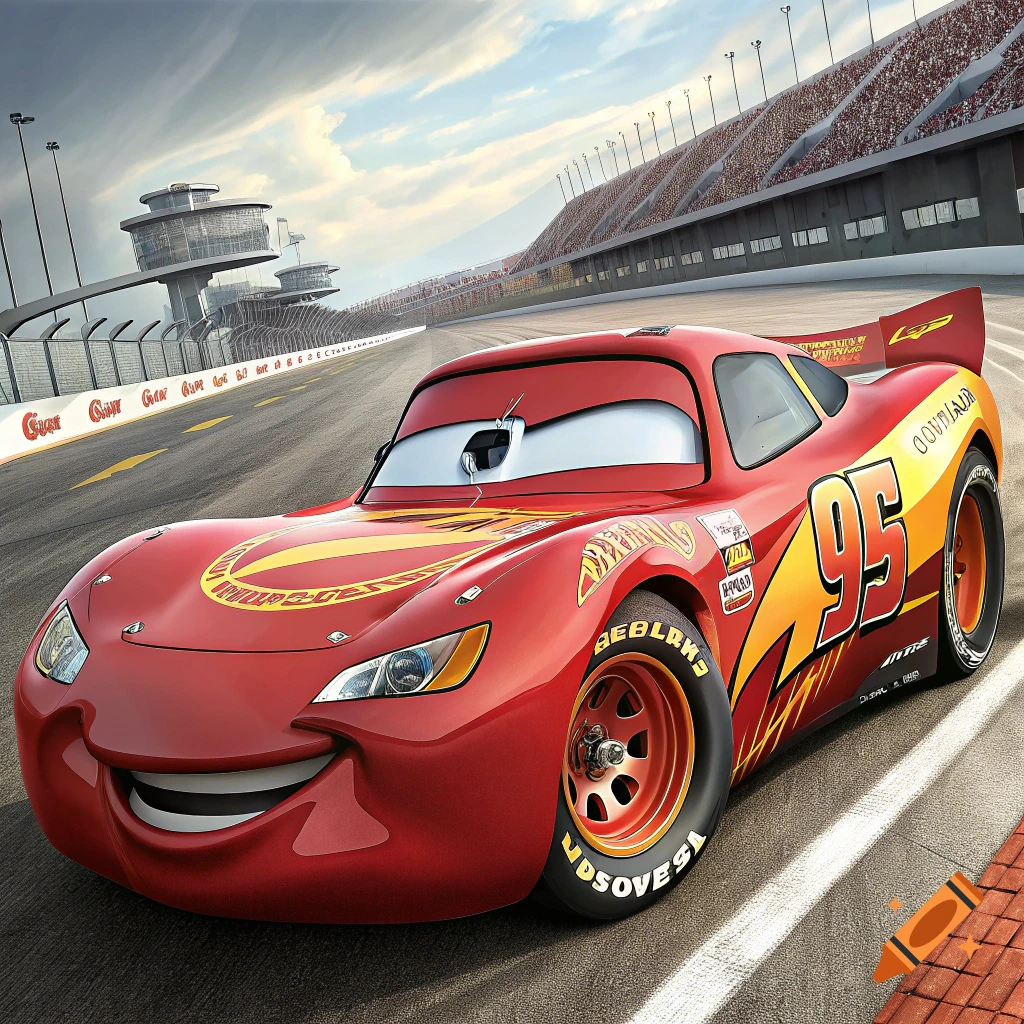 Lightning McQueen race car on a track with a stadium
