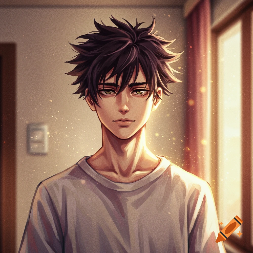 A close-up anime style portrait of a young man with spiky dark hair and green eyes, lit by warm window light.