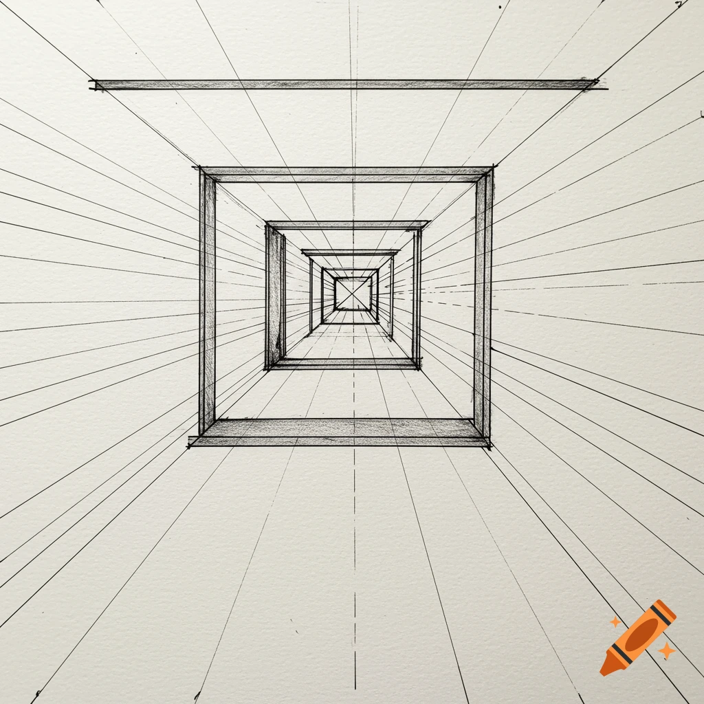 Black and white perspective drawing of lines for a room.