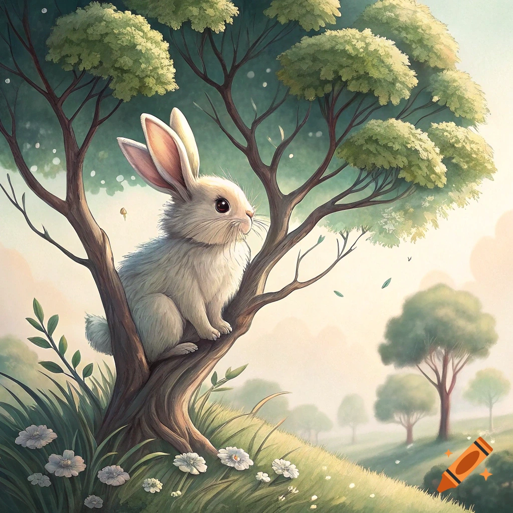 A white rabbit sits in a tree branch in a soft, illustrated landscape with trees, grass, and flowers.
