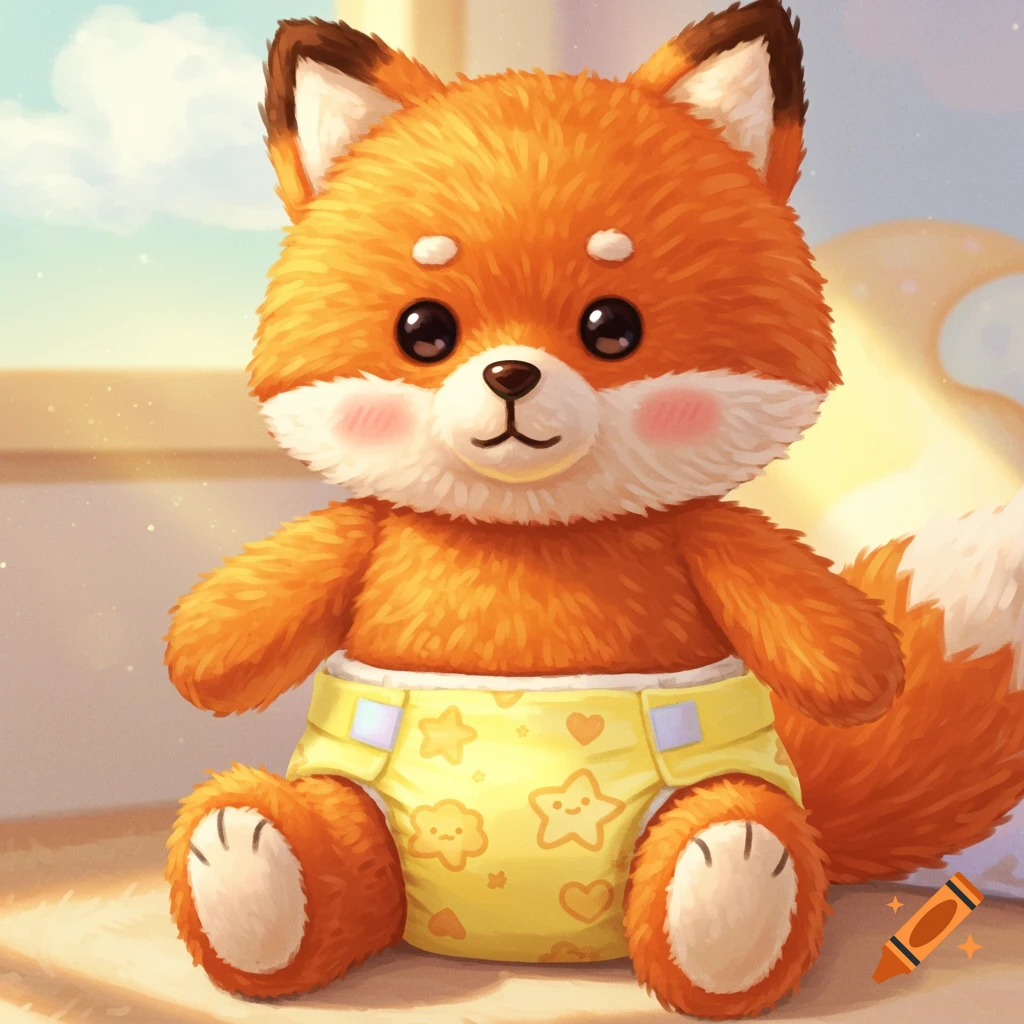 A plush orange fox toy wearing a yellow diaper decorated with stars and hearts sits in a brightly lit nursery.