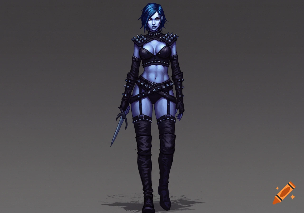 A blue-skinned woman with blue hair in a studded leather outfit holds a dagger, character art.