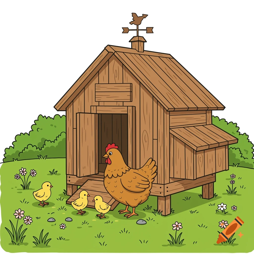 A cartoon illustration of a brown hen with three yellow chicks outside a wooden chicken coop in a grassy field.
