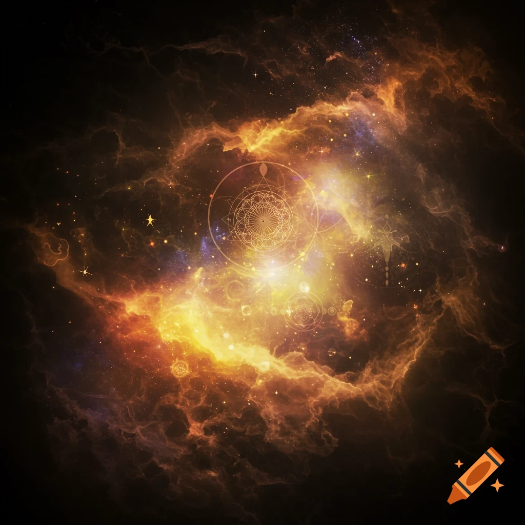 Abstract image of a nebula with glowing gas clouds, stars, and overlaid geometric patterns.